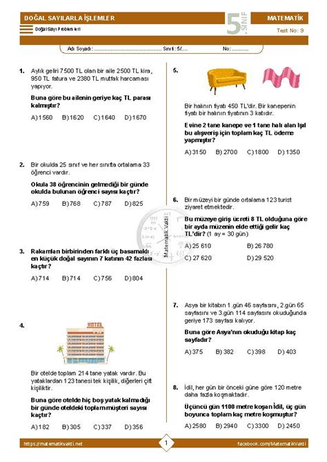 5 Sınıf Doğal Sayı Problemleri Testi PDF İndir Matematik Vakti