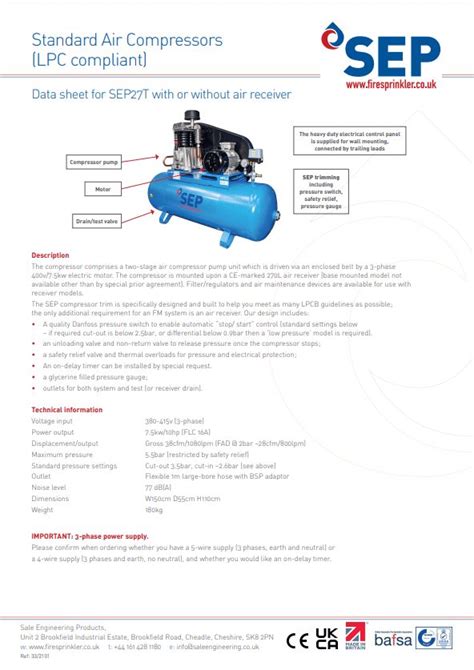 Standard Lpc Air Compressor Sep27tlpc Info Sheet Sale Engineering