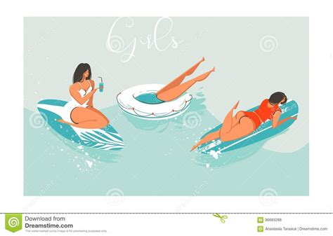 Hand Gezeichnete Vektorkarikatur Sommerzeit Spaßstrandmädchen