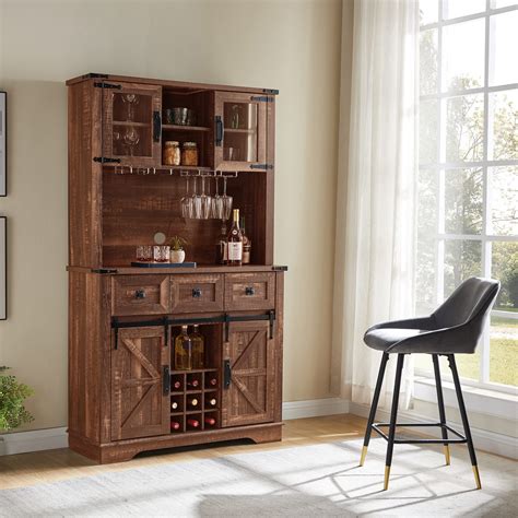 Buy Okd Farmhouse Bar Cabinet With Sliding Barn Door Kitchen Hutch Storage Cabinet W Wine And