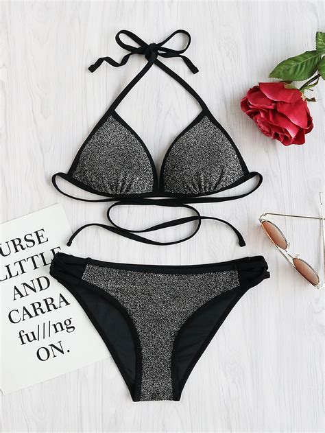 Glitter Self Tie Criss Cross Side Bikini Set Shein Sheinside