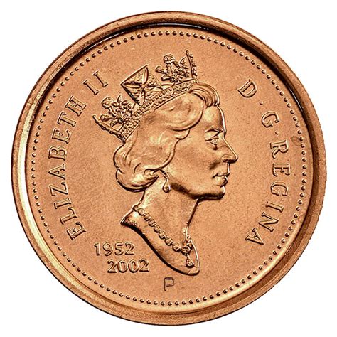 2002-P (1952-) Canadian 1-Cent Maple Leaf Twig/Queen's Jubilee Penny Coin (Brilliant Uncirculated)