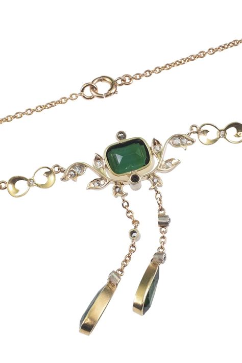 Um 1900 15 Ct Goldcollier Mit Turmalinen Diamanten Perlen