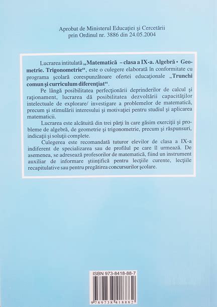 Matematica Clasa A IX A Algebra Geometrie Trigonometrie Pret 20 Lei