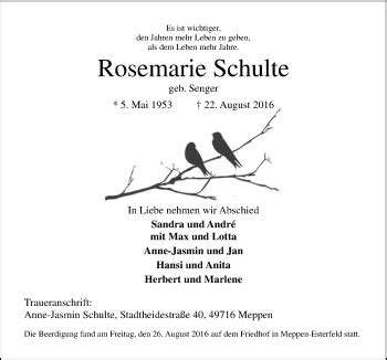 Traueranzeigen Von Rosemarie Schulte Noz Trauerportal