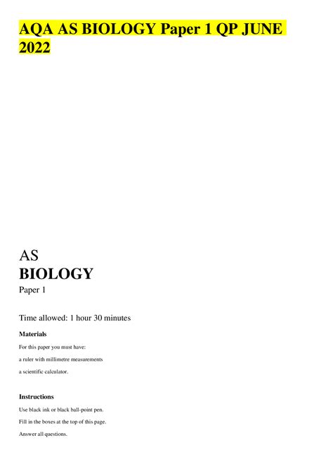 Aqa As Biology Paper 1 Qp June 2022 Browsegrades