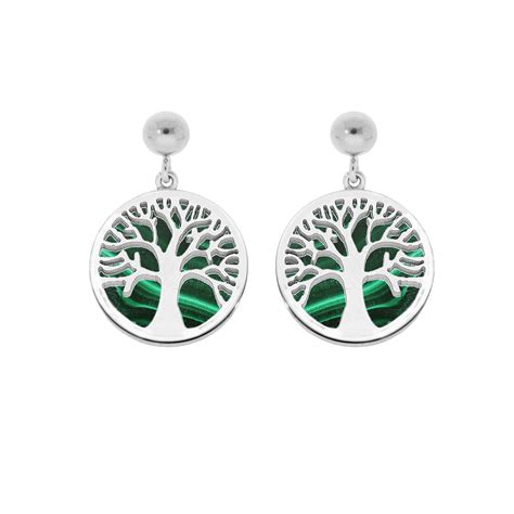 Boucles D Oreille En Acier Arbre De Vie Suspendu Fond Malachite V Ritable