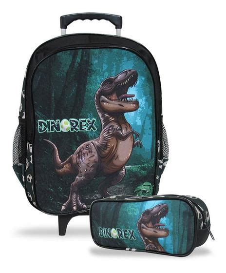 Mochila Escolar Iantil De Rodinhas E Estojo Dino Rex Cor Verde Escuro