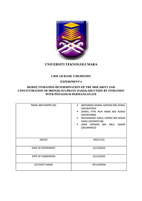 LAB Report CHM 138 EXP 6 UNIVERSITI TEKNOLOGI MARA CHM 138 BASIC