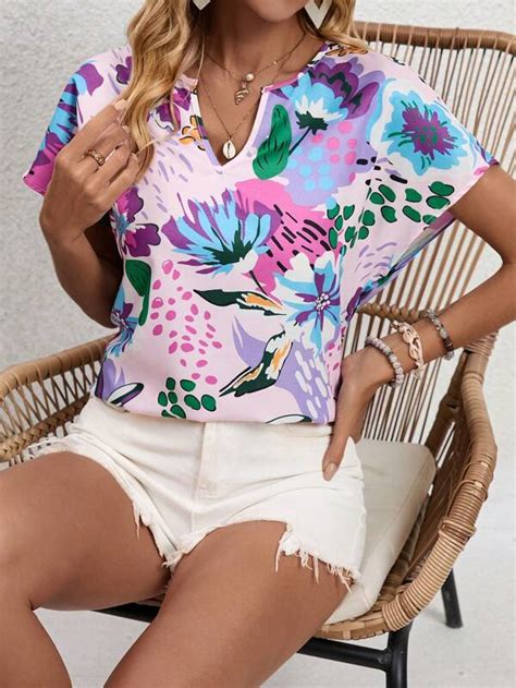 Shein Vcay Floral Print Notched Neck Batwing Sleeve Blouse Shein Usa