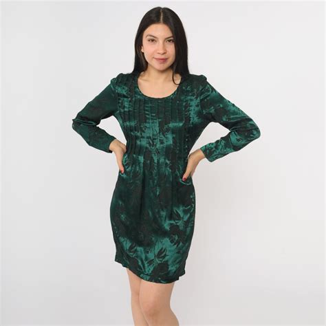 Vintage Green Satin Dress Mini 90s Jacquard Floral Party Dress Dress