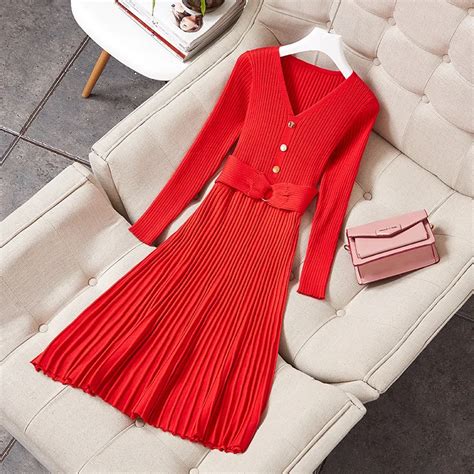 Women Sexy V Neck Knit Sweater Dress Button Front Belt Waist Long