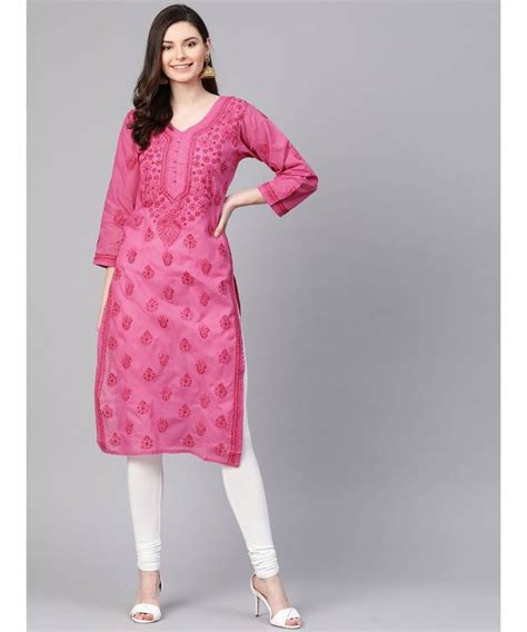 Ada Hand Embroidered Magenta Cotton Lucknow Chikankari Women Kurti