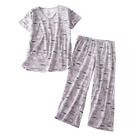 Women Cotton Pajamas Set Short Sleeve Tshirts Top Capri Pants Sleepwear