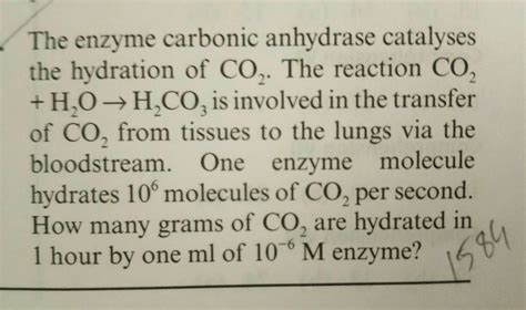 The Enzyme Carbonic Anhydrase Catalyzes The Hydration Of Co2 This