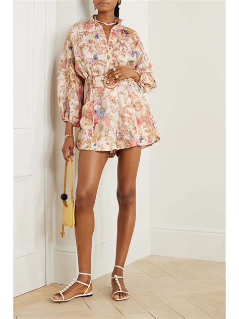 ZIMMERMANN NET SUSTAIN August Belted Floral Print Linen Playsuit