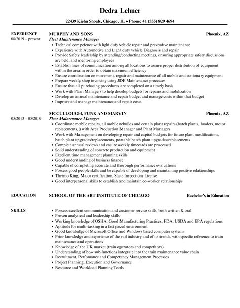 Fleet Maintenance Manager Resume Samples Velvet Jobs