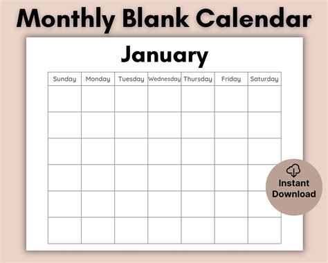 Blank Calendar Page Printable Monthly Blank Calendar Blank Etsy