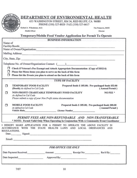 Tehama County California Temporarymobile Food Vendor Application For