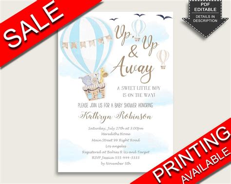 Hot Air Balloon Baby Shower Invitations Printable Digital Or Etsy