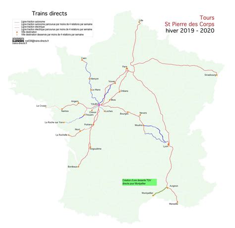 Carte des trains directs au départ de Tours en 2020