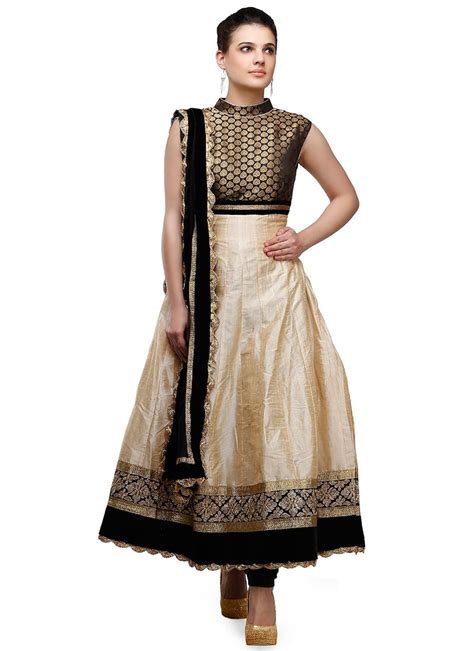 Shop Black N Beige Chanderi Art Silk Anarkali Suit Party Wear Online At