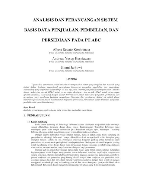 PDF ANALISIS DAN PERANCANGAN SISTEM BASIS DATA Thesis Binus Ac Id