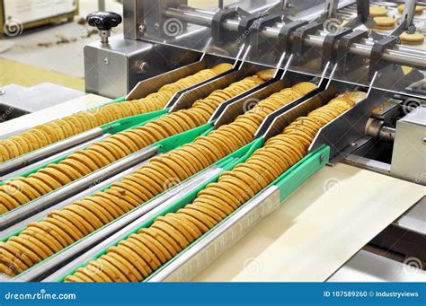 Conveyor Belt with Biscuits in a Food Factory - Machinery Equipm Stock ...