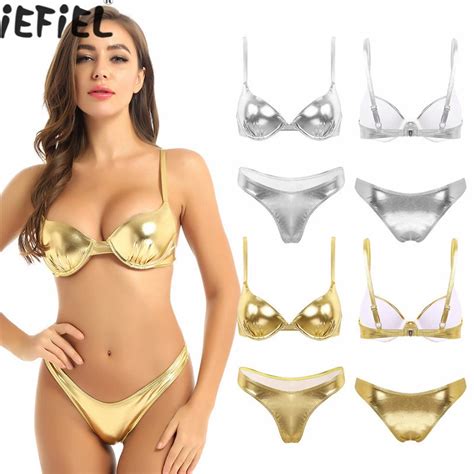 Womens Shiny Metallic Bikini Underwire Bra Top Briefs Swimsuit Swimwear