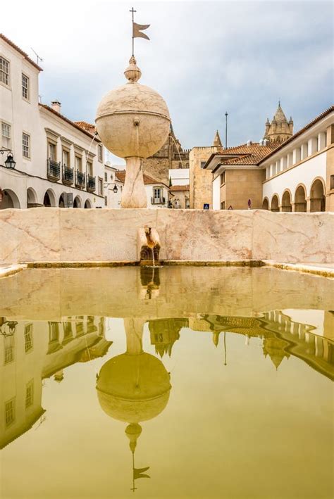 Mirroring In The Fountain Porta De Moura In Evora Portugal Stock Image