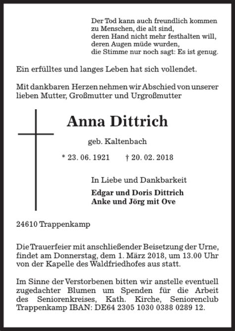 Traueranzeigen Von Anna Dittrich Trauer Anzeigen De