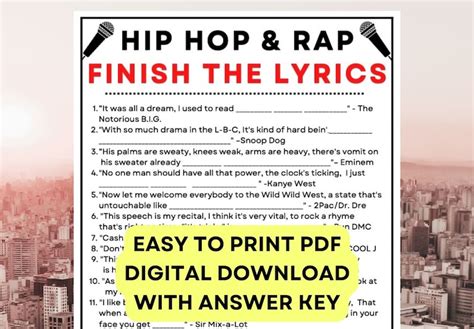 Hip Hop and Rap Finish the Lyrics Game PDF Digital Instant at Home ...