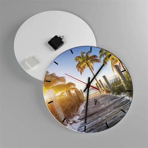 HORLOGE MURALE EN Verre 40x40cm Silencieuse Plage Palmiers Passerelle