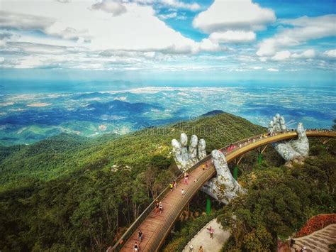 High Angle Shot Of A Golden Bridge Ba Na Hills Da Nang Vietnam