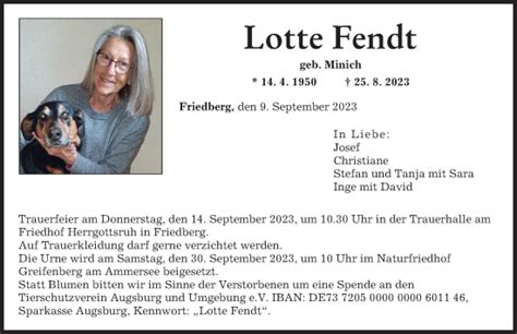 Traueranzeigen Von Lotte Fendt Augsburger Allgemeine Zeitung