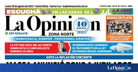 Diario La Opini N Zona Norte Tapa Edici N Impresa Del Lunes De