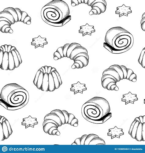 Hand Drawn Seamless Pattern Of Bread And Bakery Products Stock Vector