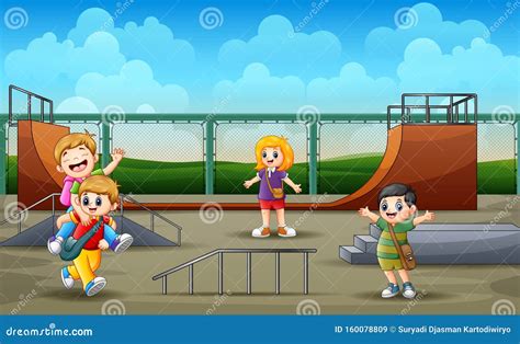 Children Cartoon Playing in the Skatepark Stock Vector - Illustration ...