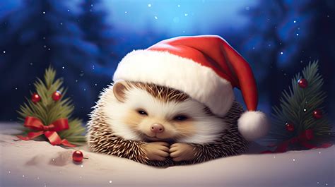 A Cute Hedgehog Is Wearing A Santa Hat And Is Accompanied By Holiday