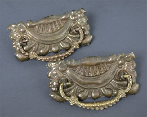 Antique Stamped Brass Drawer Pulls W Solid Brass Bails Circa S