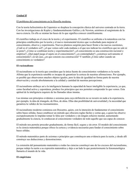 Unidad II El problema del conocimiento en la filosofía moderna