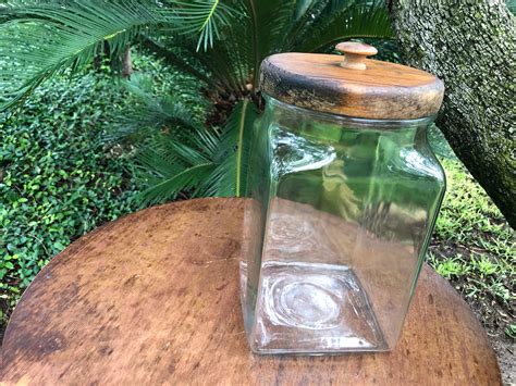 Vintage Square Glass Canister Storage Jar With Wood Lid Etsy