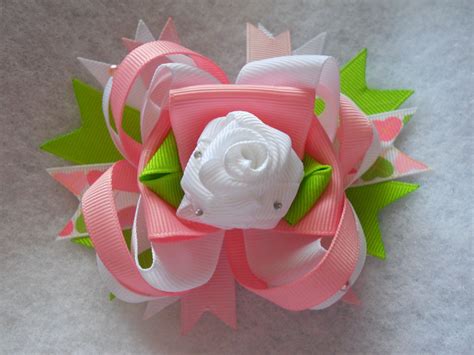 Pink And White Flower Hair Bow Etsy Hair Bows Flower Hair Bows