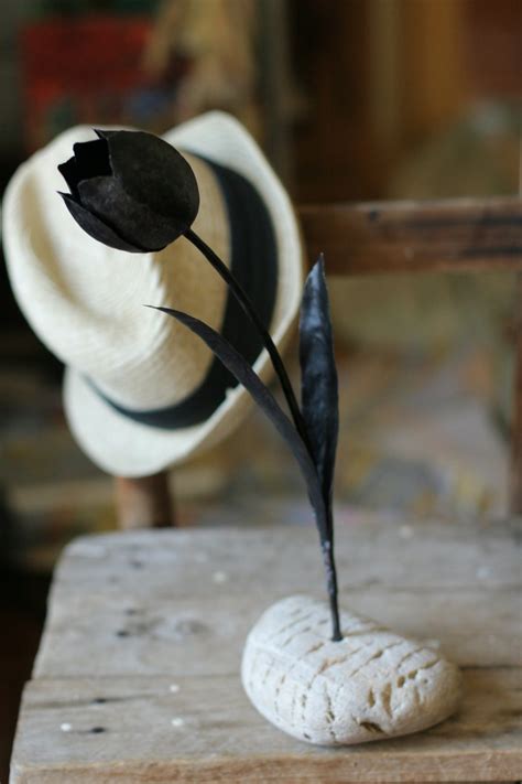 Black Metal Tulip On Stone Base Sculpture By The Steel Style Etsy