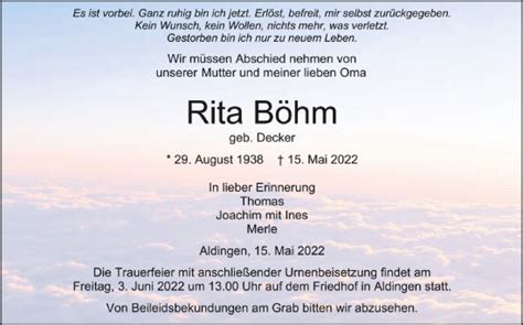 Traueranzeigen von Rita Böhm schwaebische de Trauerportal