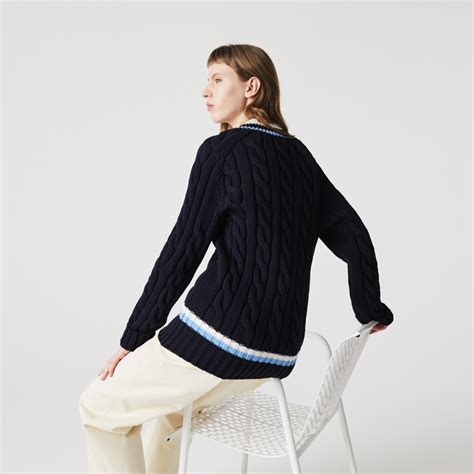 Lacoste Unisex V Neck Striped Finishes Cable Knit Sweater Ah Lacoste