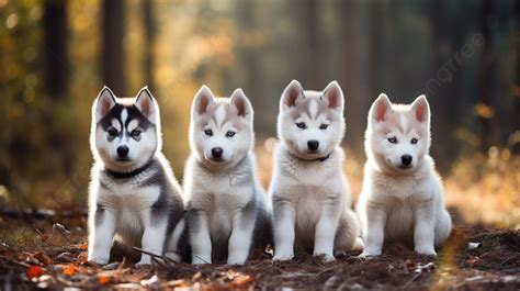 Four Husky Puppies Smiling In A Forest Background, Picture Of Husky ...