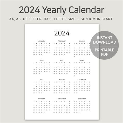 Year Calendar Printable Vertical Year Calendar Minimalist A