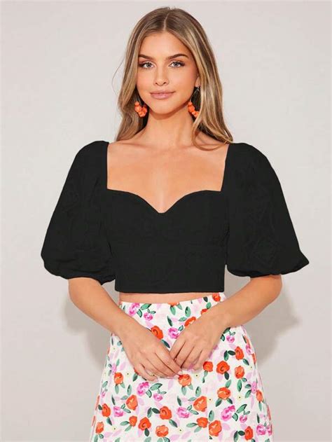 Shein Privé Sweetheart Neck Puff Sleeve Crop Blouse Shein Usa