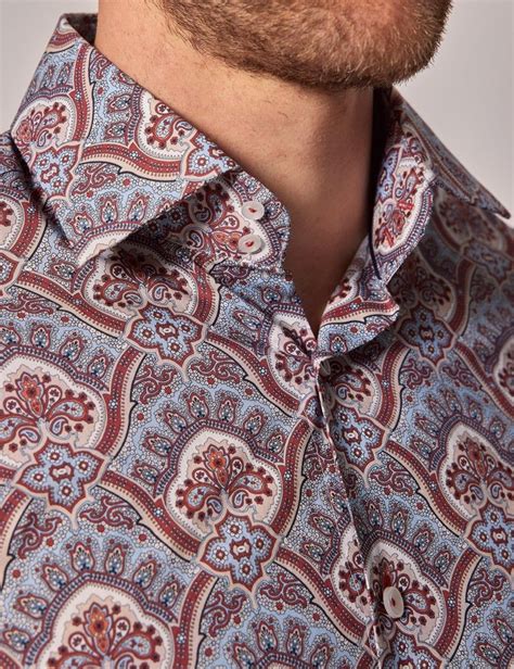 Men S Brown Blue Paisley Slim Shirt Mid Collar Hawes Curtis